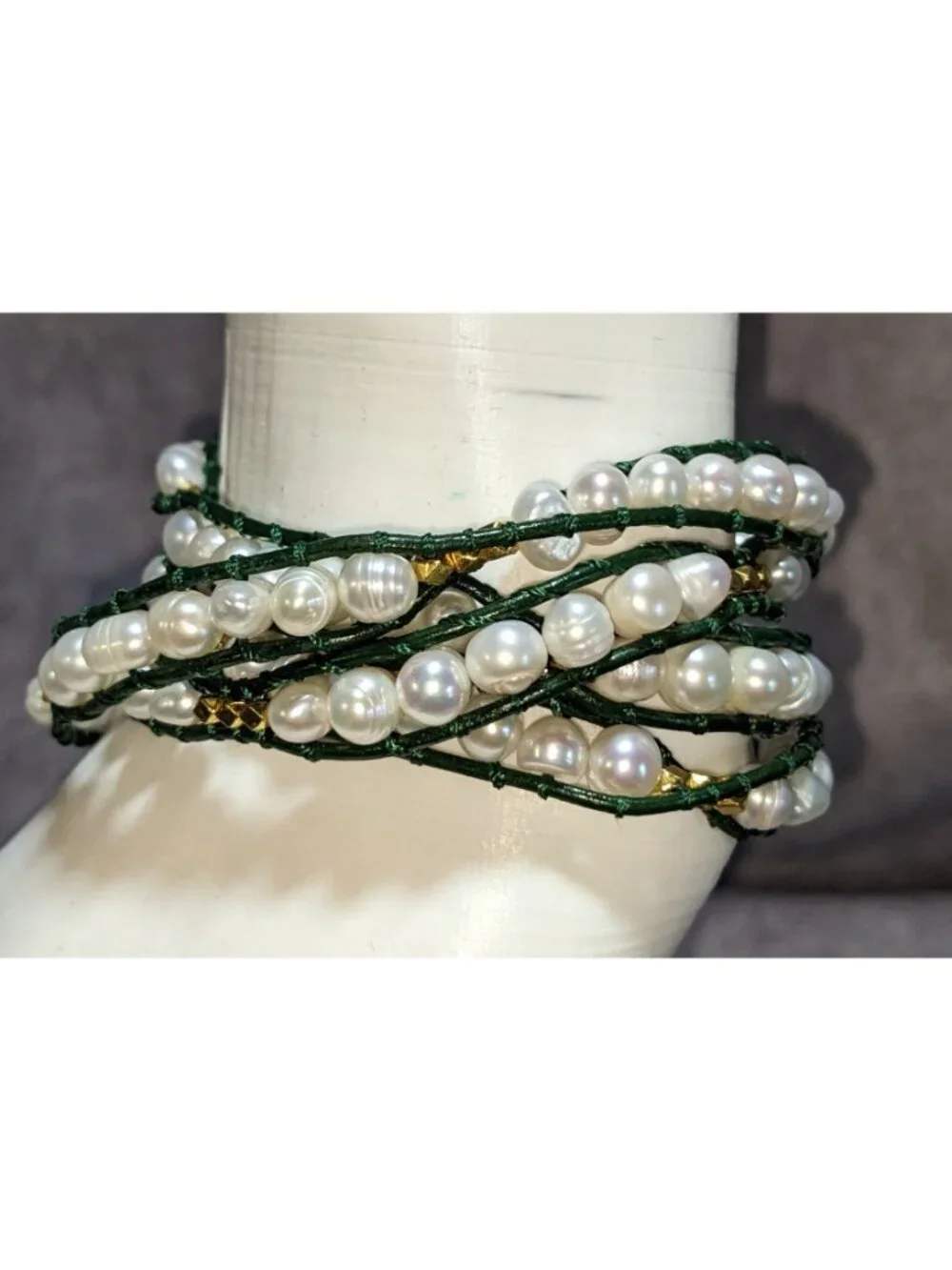 Boho Pearl Wrap Bracelet Victoria Emerson Green Leather Gold Tone